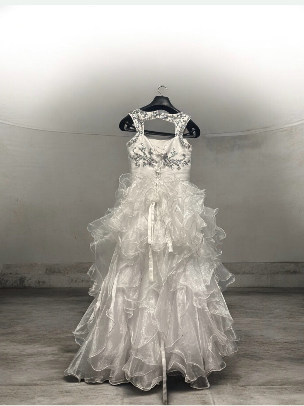 White Ruffled Organza Formal Dress with Beaded Bodice